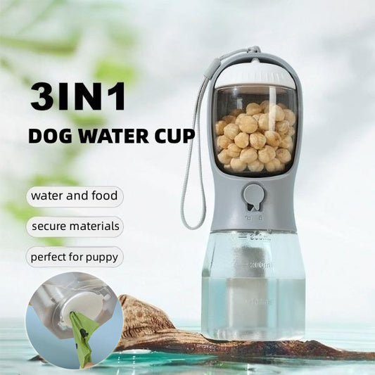 3-in-1 Dog Water Bottle with Food Container & Waste Bag Holder – Leak-Proof Portable Pet Travel Cup for Outdoor Adventures