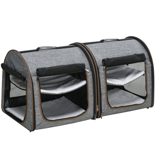 39" Portable Soft-Sided Cat Carrier with Divider – Dual Compartment Travel Crate with Mesh Doors, Padded Interior & Foldable Design – Grey
