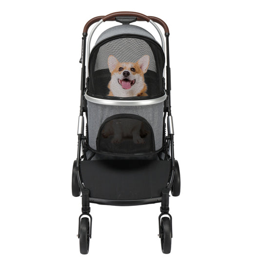 3-in-1 Pet Stroller – Versatile Dog & Cat Carrier with Shock Absorber, Mesh Ventilation, Sunshade Canopy & Swivel Wheels – Lightweight & Foldable (Grey)