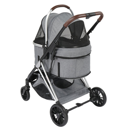 3-in-1 Pet Stroller – Versatile Dog & Cat Carrier with Shock Absorber, Mesh Ventilation, Sunshade Canopy & Swivel Wheels – Lightweight & Foldable (Grey)